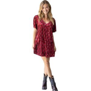 Natural Life New Claire Velvet Dress Womens Size Large Cranberry Fan Motif